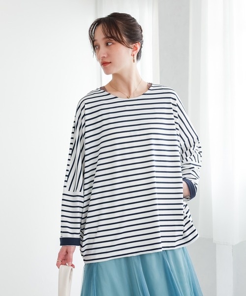 n'OrLABEL(ノアールレーベル)の「切替配色ボーダードルマントップス(Tシャツ/カットソー・レディース・グリーン/ネイビー/ブラック・FREE)」の20枚目の写真