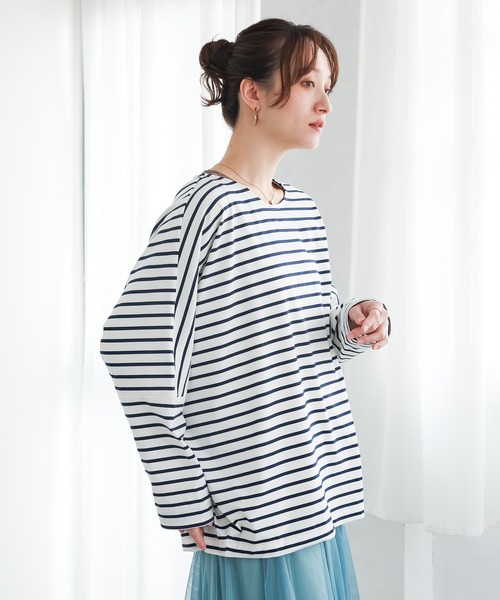 n'OrLABEL(ノアールレーベル)の「切替配色ボーダードルマントップス(Tシャツ/カットソー・レディース・グリーン/ネイビー/ブラック・FREE)」の18枚目の写真