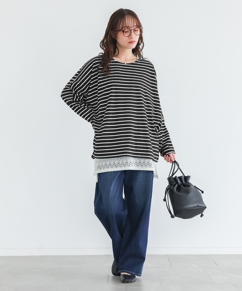 n'OrLABEL(ノアールレーベル)の「切替配色ボーダードルマントップス(Tシャツ/カットソー・レディース・グリーン/ネイビー/ブラック・FREE)」の7枚目の写真