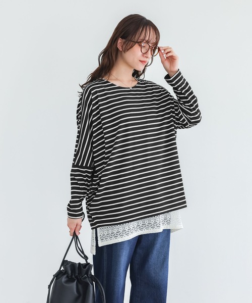 n'OrLABEL(ノアールレーベル)の「切替配色ボーダードルマントップス(Tシャツ/カットソー・レディース・グリーン/ネイビー/ブラック・FREE)」の6枚目の写真