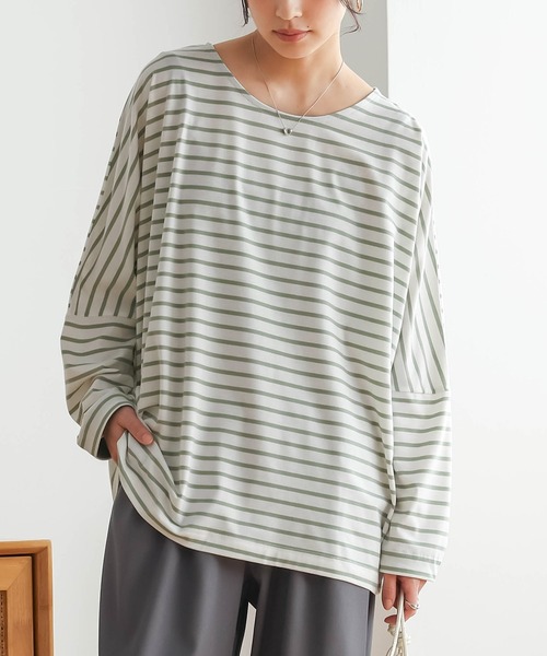 n'OrLABEL(ノアールレーベル)の「切替配色ボーダードルマントップス(Tシャツ/カットソー・レディース・グリーン/ネイビー/ブラック・FREE)」の12枚目の写真