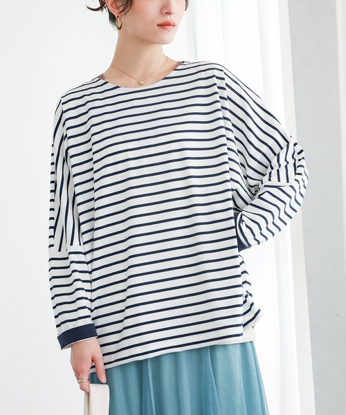 n'OrLABEL(ノアールレーベル)の「切替配色ボーダードルマントップス(Tシャツ/カットソー・レディース・グリーン/ネイビー/ブラック・FREE)」の19枚目の写真