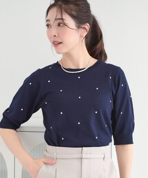 SHOO・LA・RUE（シューラルー）の「【S-LL/二の腕カバー】品よく隠せる　ドット刺繍5分袖ニット（ニット/セーター）」