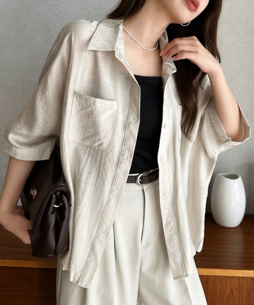 Eclat one(エクラワン)の「【Eclat one】 リラックス 半袖 ワイド シャツ ブラウス(シャツ/ブラウス・レディース・カーキ/ブラック/ベージュ・FREE)」の15枚目の写真