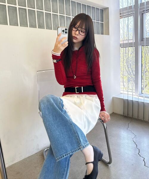 PLUNASTUDIO(プルナスタジオ)の「レイヤードストライプTシャツ(レッド/ホワイト)(Tシャツ/カットソー・レディース・レッド・FREE)」の3枚目の写真