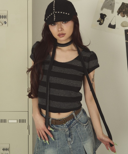 dispark（ディスパーク）の「DISPARK/【26年春夏新作】チョーカーツキボーダートップ（Tシャツ/カットソー・レディース・ブラック/グレー・FREE）」の2枚目の写真