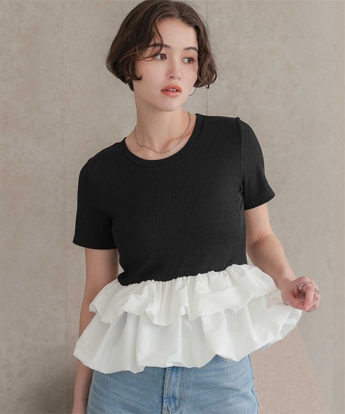 titivate(ティティベイト)の「バルーンヘムドッキングトップス(Tシャツ/カットソー・レディース・ブラック/アイボリー・S/M/L)」の2枚目の写真