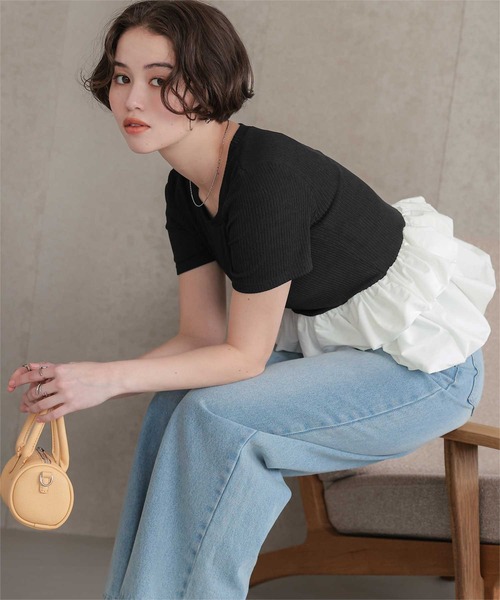 titivate(ティティベイト)の「バルーンヘムドッキングトップス(Tシャツ/カットソー・レディース・ブラック/アイボリー・S/M/L)」の10枚目の写真