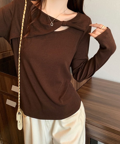 2ly2(トゥーリートゥー)の「リボンデザインカットソー / アシンメトリーネックトップス(Tシャツ/カットソー・レディース・ブルー/ブラック/ブラウン/ホワイト・FREE)」の3枚目の写真