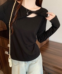 リボンデザインカットソー / アシンメトリーネックトップス