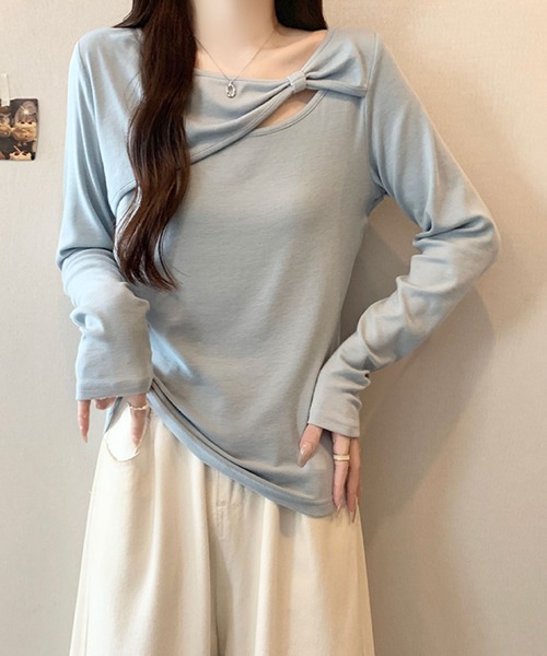 2ly2(トゥーリートゥー)の「リボンデザインカットソー / アシンメトリーネックトップス(Tシャツ/カットソー・レディース・ブルー/ブラック/ブラウン/ホワイト・FREE)」の12枚目の写真