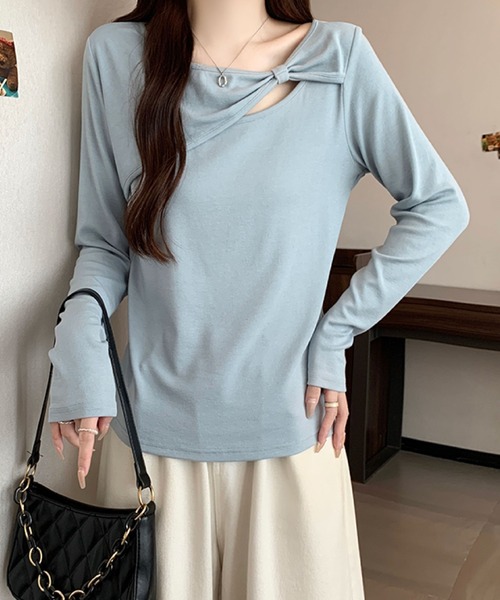 2ly2(トゥーリートゥー)の「リボンデザインカットソー / アシンメトリーネックトップス(Tシャツ/カットソー・レディース・ブルー/ブラック/ブラウン/ホワイト・FREE)」の10枚目の写真