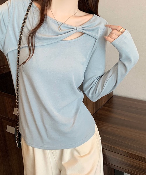 2ly2(トゥーリートゥー)の「リボンデザインカットソー / アシンメトリーネックトップス(Tシャツ/カットソー・レディース・ブルー/ブラック/ブラウン/ホワイト・FREE)」の8枚目の写真