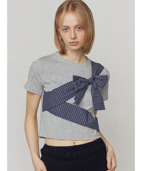 EMODA（エモダ）の「リボンテープTシャツ（Tシャツ/カットソー・レディース・グレー/ホワイト/ブラック・FREE）」の3枚目の写真