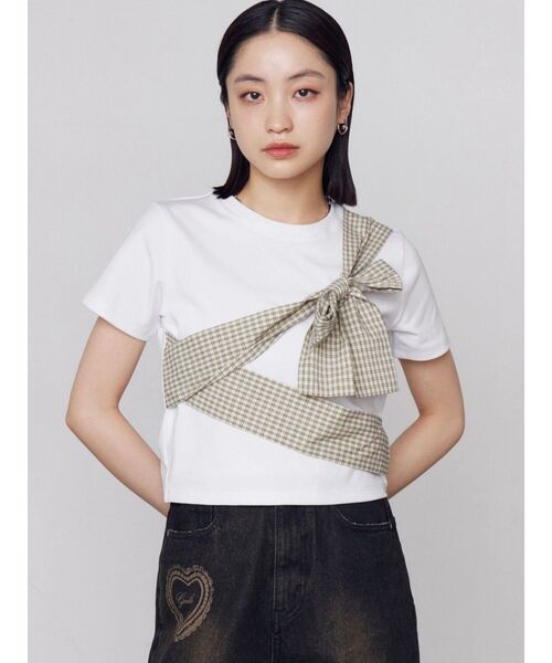 EMODA（エモダ）の「リボンテープTシャツ（Tシャツ/カットソー・レディース・グレー/ホワイト/ブラック・FREE）」の8枚目の写真