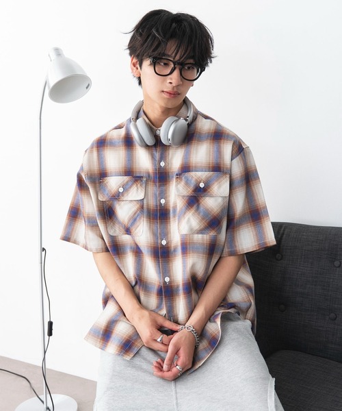 WEGO（ウィゴー）の「WEGO/【26年春夏新作】オンブレチェックレギュラーカラー半袖シャツ（シャツ/ブラウス・メンズ・レッド/ブルー/ブラック/ホワイト/ピンク/ベージュ・SMALL/MEDIUM/LARGE）」の3枚目の写真