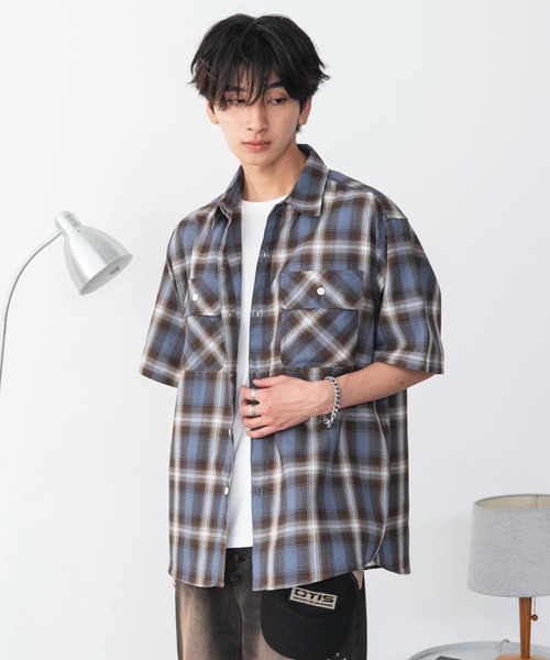 WEGO（ウィゴー）の「WEGO/【26年春夏新作】オンブレチェックレギュラーカラー半袖シャツ（シャツ/ブラウス・メンズ・レッド/ブルー/ブラック/ホワイト/ピンク/ベージュ・SMALL/MEDIUM/LARGE）」の4枚目の写真
