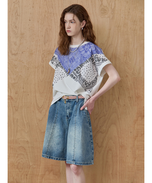 MAXZA(マージャコレクション)の「ペイズリーバンダナ配色ラウンドネックTシャツ(Tシャツ/カットソー・レディース・ホワイト/ブラック・FREE)」の9枚目の写真