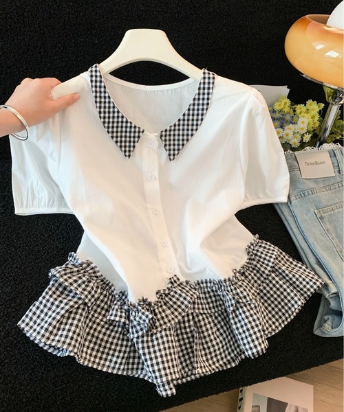 LUCPY(ラクピー)の「ギンガムチェックフリルドッキングブラウス(シャツ/ブラウス・レディース・ホワイト・LARGE/MEDIUM/SMALL)」の2枚目の写真