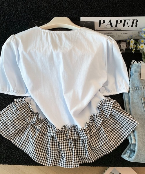 LUCPY(ラクピー)の「ギンガムチェックフリルドッキングブラウス(シャツ/ブラウス・レディース・ホワイト・LARGE/MEDIUM/SMALL)」の3枚目の写真