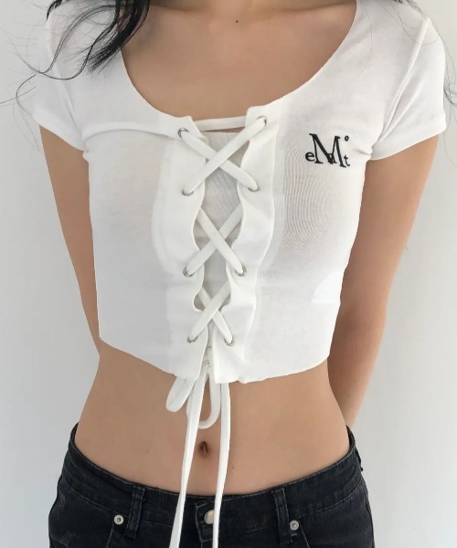 MUCENT(ムセント)の「◇MUCENT◇ブランド直輸入正規品/マーリングアイレット レースアップ コルセット ハーフ T MARING EYELET LACE-UP CORSET HALF T(Tシャツ/カットソー・レディース・グレー/ホワイト・FREE)」の4枚目の写真