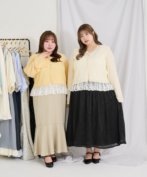 Louiosy（ルオシー）の「【Louiosy】【大きいサイズ】シアーリブニットカーディガン+レースキャミセット（カーディガン/ボレロ・レディース・イエロー/ミント/アイボリー・3L/4L/X-LARGE）」の14枚目の写真