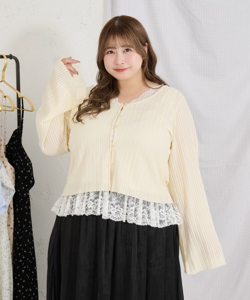 Louiosy【大きいサイズ】シアーリブニットカーディガン+レースキャミセット Louiosy】【大きいサイズ】シアーリブニットカーディガン+レースキャミ