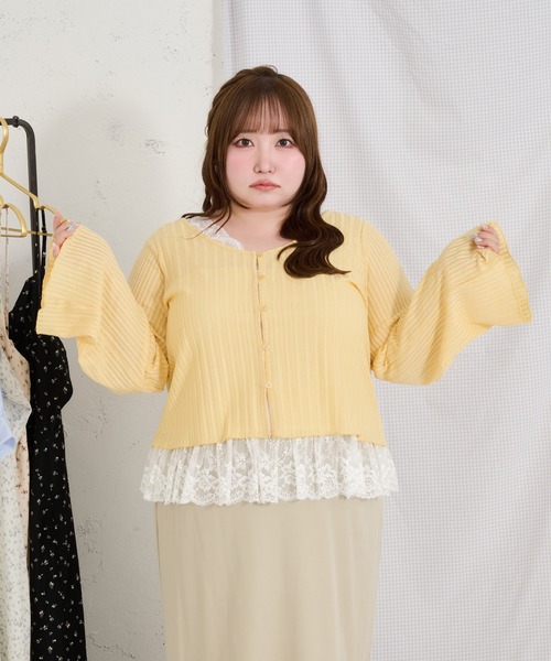 Louiosy（ルオシー）の「【Louiosy】【大きいサイズ】シアーリブニットカーディガン+レースキャミセット（カーディガン/ボレロ・レディース・イエロー/ミント/アイボリー・3L/4L/X-LARGE）」の20枚目の写真