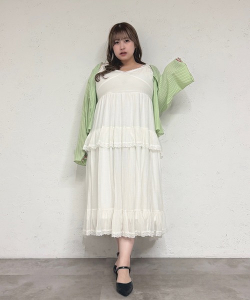Louiosy（ルオシー）の「【Louiosy】【大きいサイズ】シアーリブニットカーディガン+レースキャミセット（カーディガン/ボレロ・レディース・イエロー/ミント/アイボリー・3L/4L/X-LARGE）」の8枚目の写真