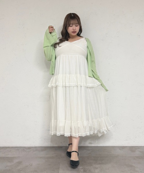 Louiosy（ルオシー）の「【Louiosy】【大きいサイズ】シアーリブニットカーディガン+レースキャミセット（カーディガン/ボレロ・レディース・イエロー/ミント/アイボリー・3L/4L/X-LARGE）」の7枚目の写真