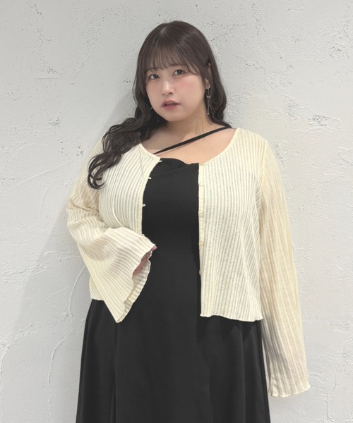 Louiosy（ルオシー）の「【Louiosy】【大きいサイズ】シアーリブニットカーディガン+レースキャミセット（カーディガン/ボレロ・レディース・イエロー/ミント/アイボリー・3L/4L/X-LARGE）」の4枚目の写真