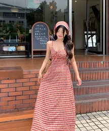 フレンチレトロ赤白チェック柄キャミワンピース