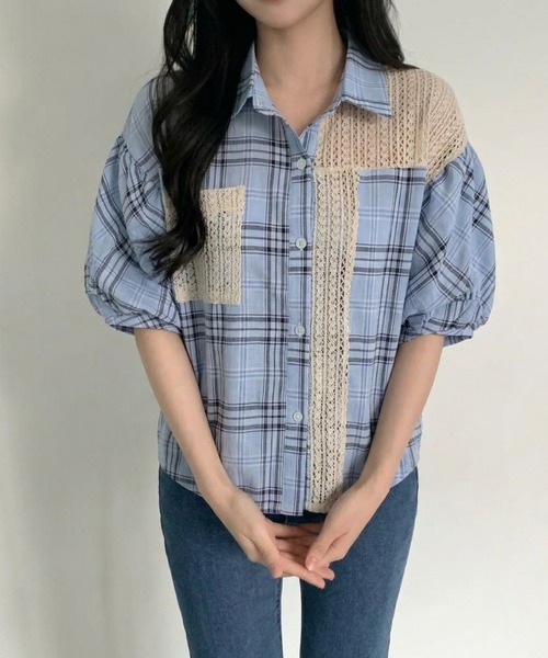 FAVORITO(ファヴォリート)の「ドッキングチェック柄シャツ(シャツ/ブラウス・レディース・ベージュ/ブルー・F)」の12枚目の写真