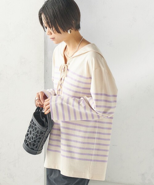 SHIPS(シップス)の「【SHIPS別注】Le minor: ボーダー セーラーカラー プルオーバー(Tシャツ/カットソー・レディース・ネイビー/ラベンダー・ONE SIZE)」の2枚目の写真