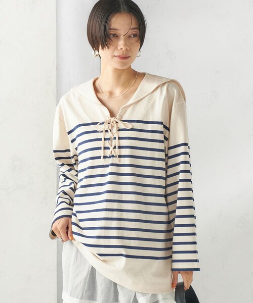 SHIPS(シップス)の「【SHIPS別注】Le minor: ボーダー セーラーカラー プルオーバー(Tシャツ/カットソー・レディース・ネイビー/ラベンダー・ONE SIZE)」の7枚目の写真