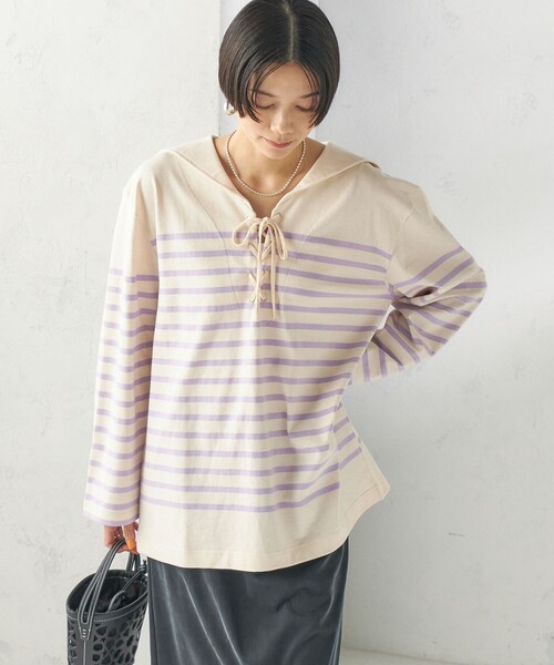 SHIPS(シップス)の「【SHIPS別注】Le minor: ボーダー セーラーカラー プルオーバー(Tシャツ/カットソー・レディース・ネイビー/ラベンダー・ONE SIZE)」の21枚目の写真