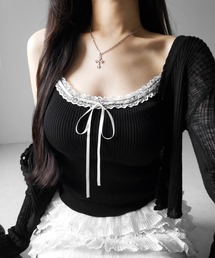 me+em select（ミームセレクト）の「【 2点セット 】レースリボンニットキャミソール + シアーリブニットカーディガン / lace ribbon knit camisole + sheer lib knit cardigan（アンサンブル）」