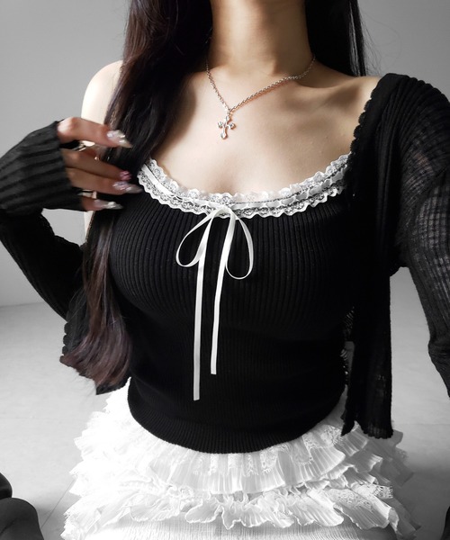 me+em select（ミームセレクト）の「【 ２点セット 】レースリボンニットキャミソール ＋ シアーリブニットカーディガン ／ lace ribbon knit camisole ＋ sheer lib knit cardigan（アンサンブル・レディース・ブラック/ブルー/アイボリー・FREE）」の10枚目の写真