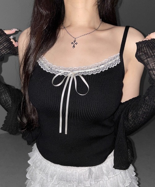 me+em select（ミームセレクト）の「【 ２点セット 】レースリボンニットキャミソール ＋ シアーリブニットカーディガン ／ lace ribbon knit camisole ＋ sheer lib knit cardigan（アンサンブル・レディース・ブラック/ブルー/アイボリー・FREE）」の16枚目の写真