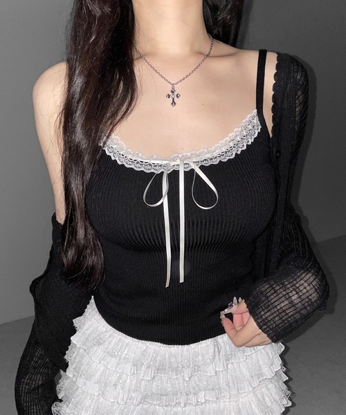 me+em select（ミームセレクト）の「【 ２点セット 】レースリボンニットキャミソール ＋ シアーリブニットカーディガン ／ lace ribbon knit camisole ＋ sheer lib knit cardigan（アンサンブル・レディース・ブラック/ブルー/アイボリー・FREE）」の17枚目の写真