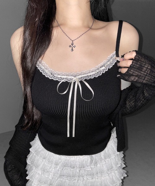 me+em select（ミームセレクト）の「【 ２点セット 】レースリボンニットキャミソール ＋ シアーリブニットカーディガン ／ lace ribbon knit camisole ＋ sheer lib knit cardigan（アンサンブル・レディース・ブラック/ブルー/アイボリー・FREE）」の20枚目の写真