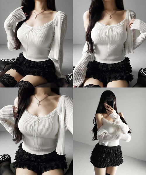 me+em select（ミームセレクト）の「【 ２点セット 】レースリボンニットキャミソール ＋ シアーリブニットカーディガン ／ lace ribbon knit camisole ＋ sheer lib knit cardigan（アンサンブル・レディース・ブラック/ブルー/アイボリー・FREE）」の6枚目の写真