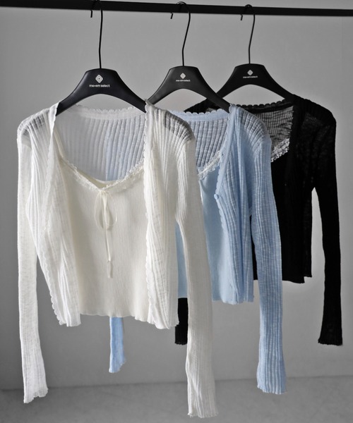 me+em select（ミームセレクト）の「【 ２点セット 】レースリボンニットキャミソール ＋ シアーリブニットカーディガン ／ lace ribbon knit camisole ＋ sheer lib knit cardigan（アンサンブル・レディース・ブラック/ブルー/アイボリー・FREE）」の8枚目の写真