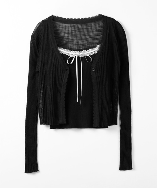 me+em select（ミームセレクト）の「【 ２点セット 】レースリボンニットキャミソール ＋ シアーリブニットカーディガン ／ lace ribbon knit camisole ＋ sheer lib knit cardigan（アンサンブル・レディース・ブラック/ブルー/アイボリー・FREE）」の4枚目の写真