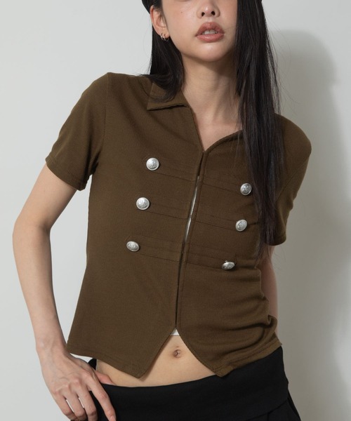 3.3 Field Trip (3.3フィールドトリップ)の「3.3 Field Trip/ナポレオンデザインホックショートスリーブトップス(Tシャツ/カットソー・レディース・グレー/ブラック/カーキ・FREE)」の3枚目の写真