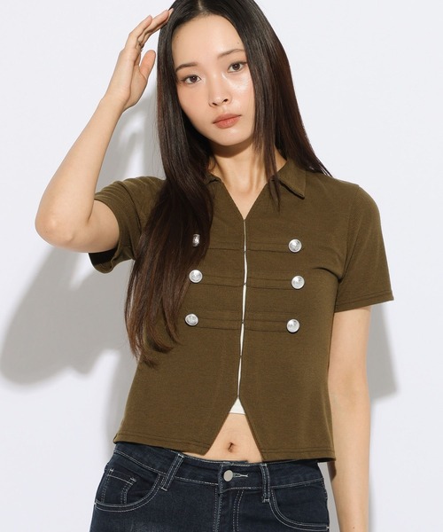 3.3 Field Trip (3.3フィールドトリップ)の「3.3 Field Trip/ナポレオンデザインホックショートスリーブトップス(Tシャツ/カットソー・レディース・グレー/ブラック/カーキ・FREE)」の21枚目の写真