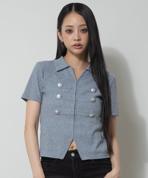 3.3 Field Trip (3.3フィールドトリップ)の「3.3 Field Trip/ナポレオンデザインホックショートスリーブトップス(Tシャツ/カットソー・レディース・グレー/ブラック/カーキ・FREE)」の4枚目の写真