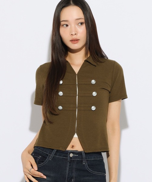 3.3 Field Trip (3.3フィールドトリップ)の「3.3 Field Trip/ナポレオンデザインホックショートスリーブトップス(Tシャツ/カットソー・レディース・グレー/ブラック/カーキ・FREE)」の12枚目の写真