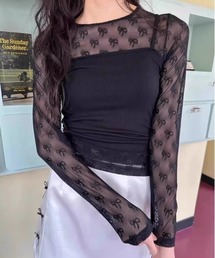 リボン柄シアー ロングスリーブトップス