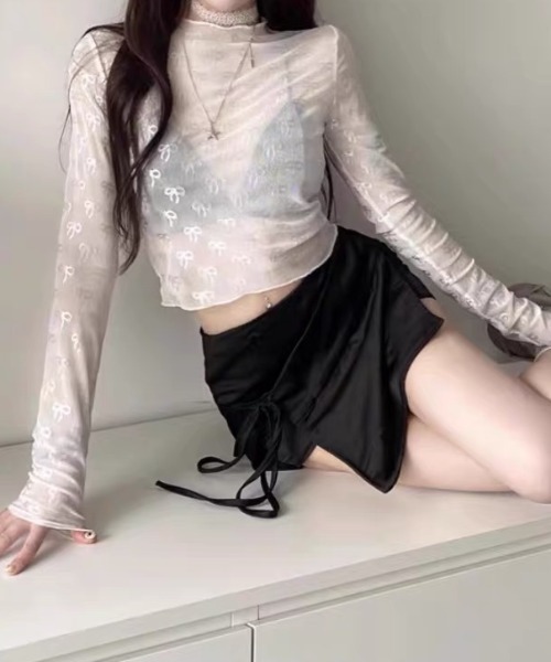 ampm(エーエムピーエム)の「リボン柄シアー ロングスリーブトップス(Tシャツ/カットソー・レディース・ブラック/ホワイト・FREE)」の8枚目の写真